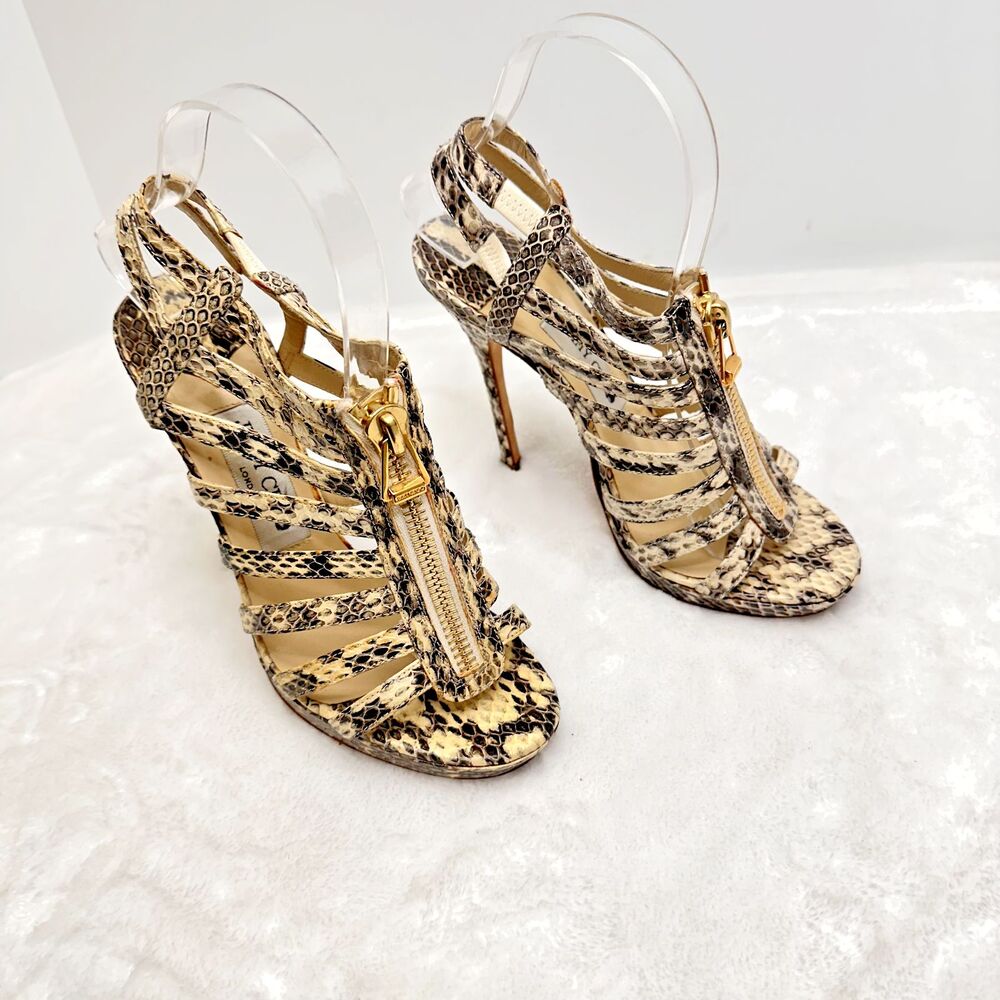 Jimmy Choo Women's Snakeskin Heels Strappy Sandals Front Gold Zip Python SZ 37 - Picture 3 of 14